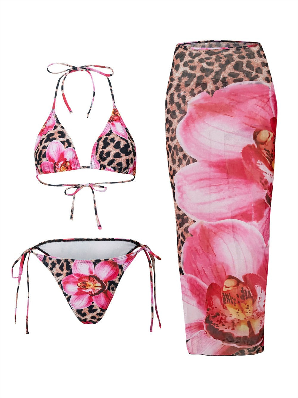 2025 New Flower Print Bikini Set Women's High Waist Long Skirt 3 Piece Swimsuit Sexy Mini Triangle Backless Thong Bathing Suit
