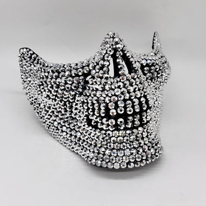Rhinestone Cat Masquerade Mask, Full Crystal Cat Face Half Mask for ManWomen, Halloween Costume, Prom, Wedding, and Themed Party