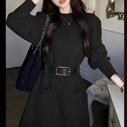 Autumn Winter Striped Knitted Dress Women Korean Fashion Double Pockets Short Dresses Ladies Casual Loose Long Sleeve Knit Dress