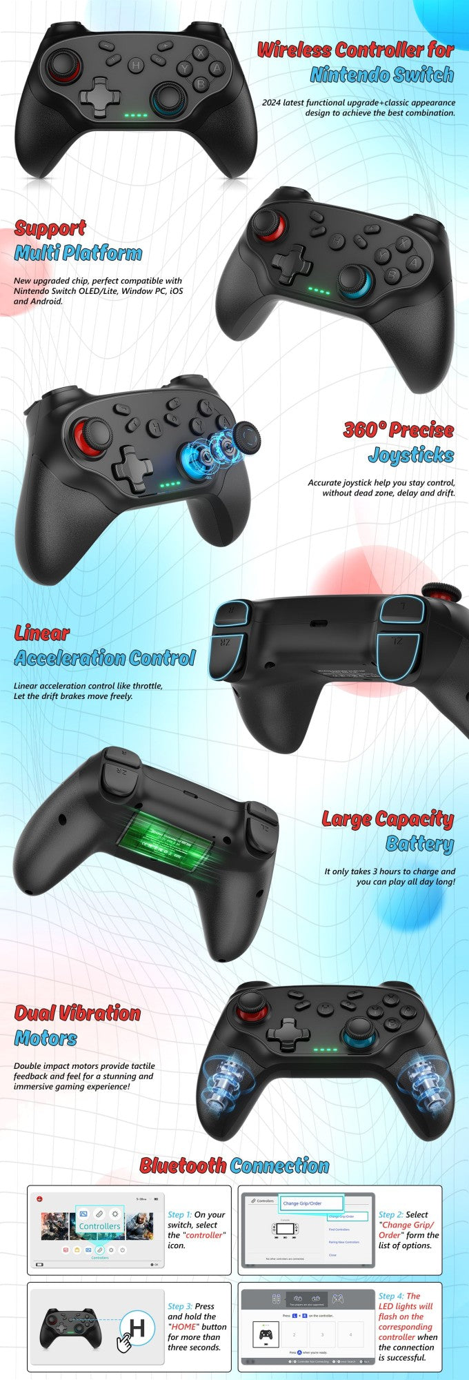 Wireless Controller For Nintendo Switch/Oled/Ios/Android Gamepads Turbo Game Controller Vibration Control Console Remote