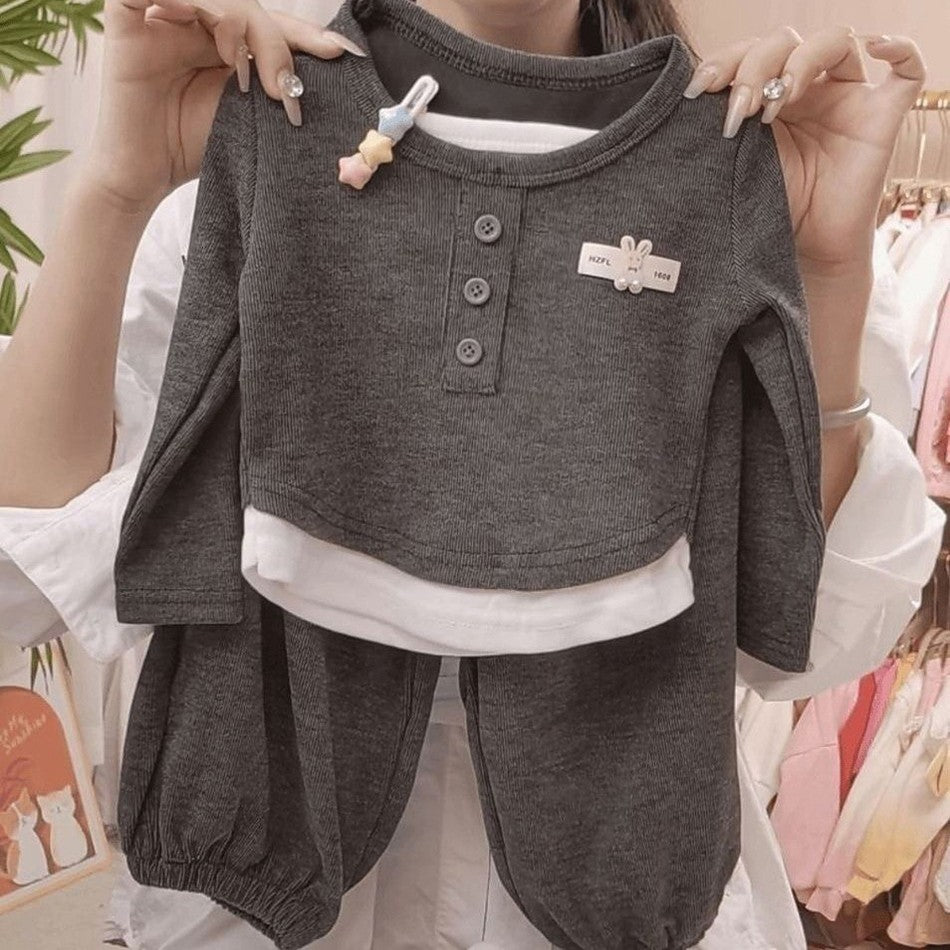 Girls Autumn Outfits Fashionable False Two-Piece Tops and Pants 2 Piece Set Stylish Korean Style Kids Clothing Cute Fall Clothes