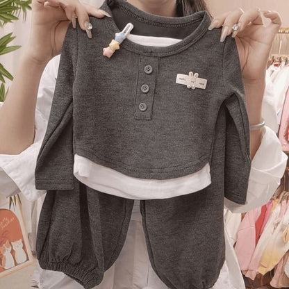 Girls Autumn Outfits Fashionable False Two-Piece Tops and Pants 2 Piece Set Stylish Korean Style Kids Clothing Cute Fall Clothes