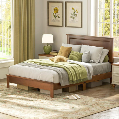 Cama de plataforma completa de madeira com cabeceira, Estrutura de cama de meados do século com pernas de madeira maciça e suporte de ripas de madeira, Pallet Be