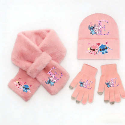 Conjunto 3 Peças Disney Stitch Quente Fofo Menina Crianças Gorro de Malha Cachecol Inverno Acessórios Casuais da Moda Presente Perfeito de Natal e Aniversário