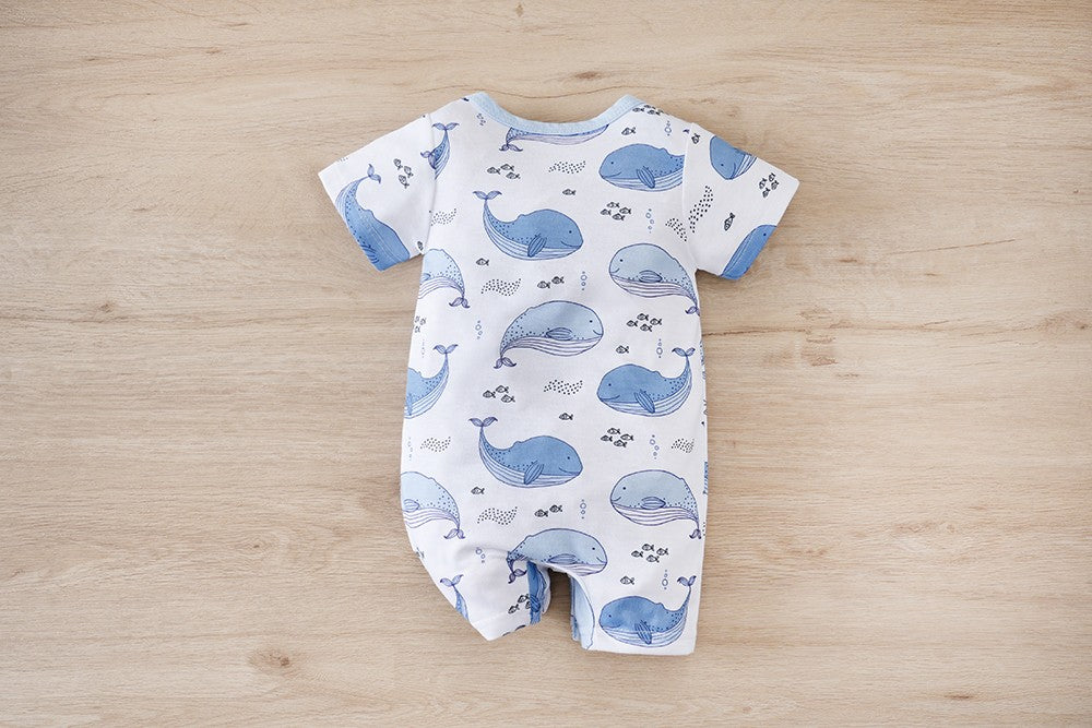 IURNXB Baby Romper Short Sleeve Infant Whale Print Bodysuit Newborn Cartoon Allover Printed Onesie for Boy's Clothing 0-18M