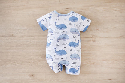IURNXB Baby Romper Short Sleeve Infant Whale Print Bodysuit Newborn Cartoon Allover Printed Onesie for Boy's Clothing 0-18M