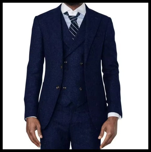 3 Pieces Green Wool Tweed Herringbone Business Retro Classic PatternTuxedos For Wedding Blazer Pants Vest