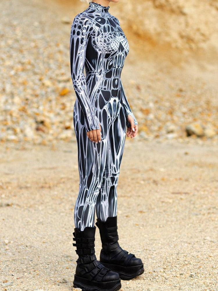 Unisex Sexy Black White Graphic Print Jumpsuit Halloween Line Art Muscle Cosplay Bodysuit Holiday Party Zentai Suit Rave Catsuit