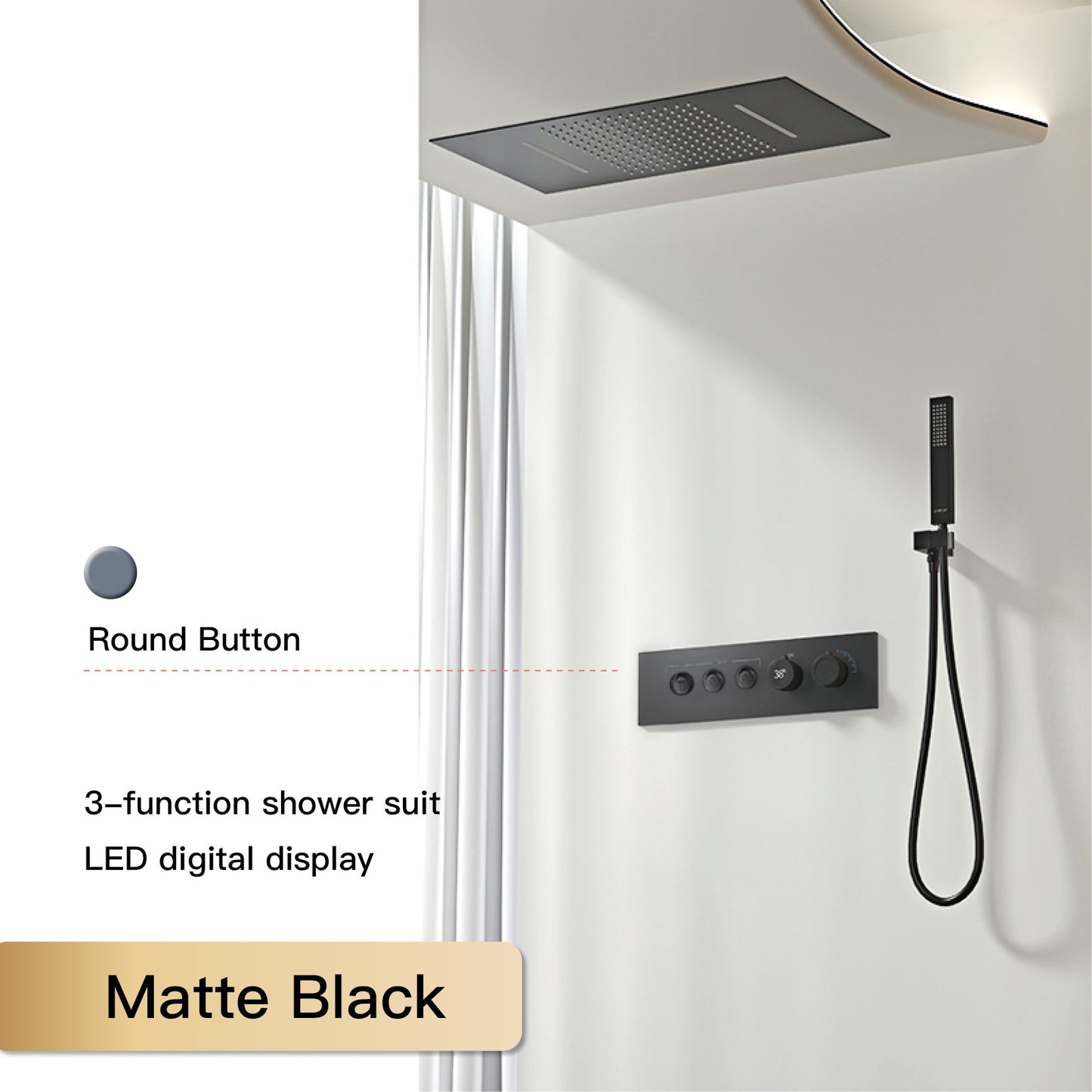 Luxury  black brass shower system wall-mounted LED digital display design Cold & hot dual-control 4-function ceiling shower Tap