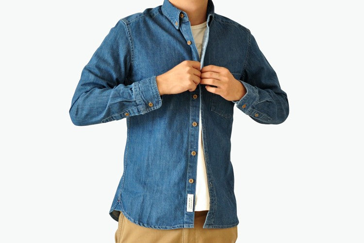 SauceZhan Chambray shirt  men shirt long sleeve Denim Shirt Cotton Casual Wash Shirt Mens Dress Shirts Jeans Shirts Slim