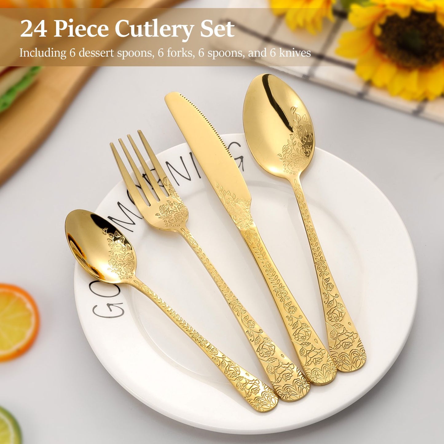 20/24 Peças Conjunto de Utensílios de Aço Inoxidável Conjunto de Talheres Florais Garfo Colher e Faca Kits de Utensílios de Cozinha para Restaurante
