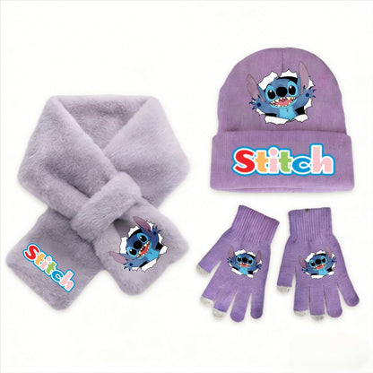 Conjunto de 3 peças de chapéu, cachecol e luvas de malha de inverno Stitch Disney Kawaii quente para meninas Acessórios casuais de moda infantil presente de Natal perfeito