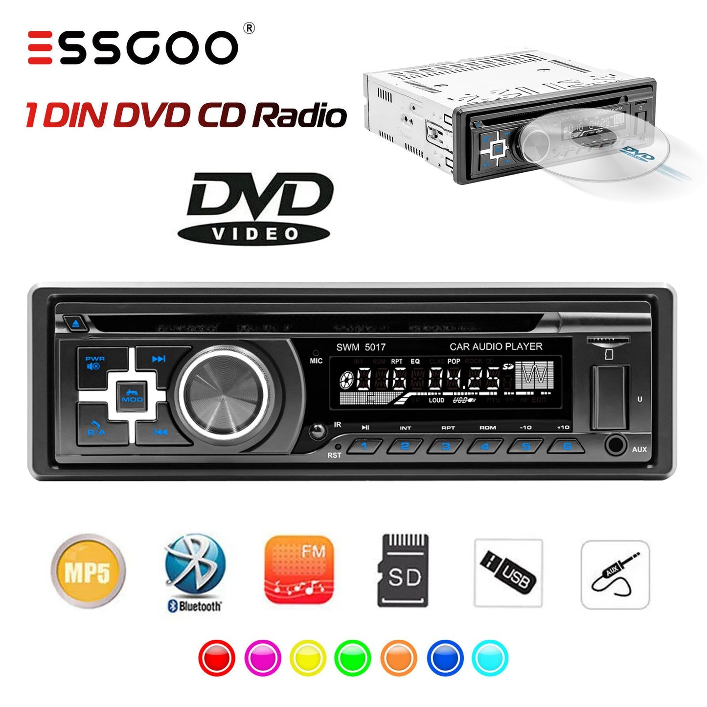 ESSGOO Universal CD DVD Player Car Stereo Head Unit USB/SD TF AUX Bluetooth 4.0 Handsfree Single 1 DIN In-Dash FM Radio MP3