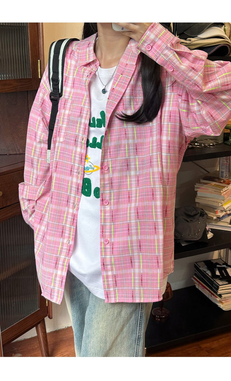 Ice Blue Plaid Long Sleeve Shirt Unisex Premium Cleanfit Denim Fabric V-neck Open Cardigan Style Holiday Vibes Short Length