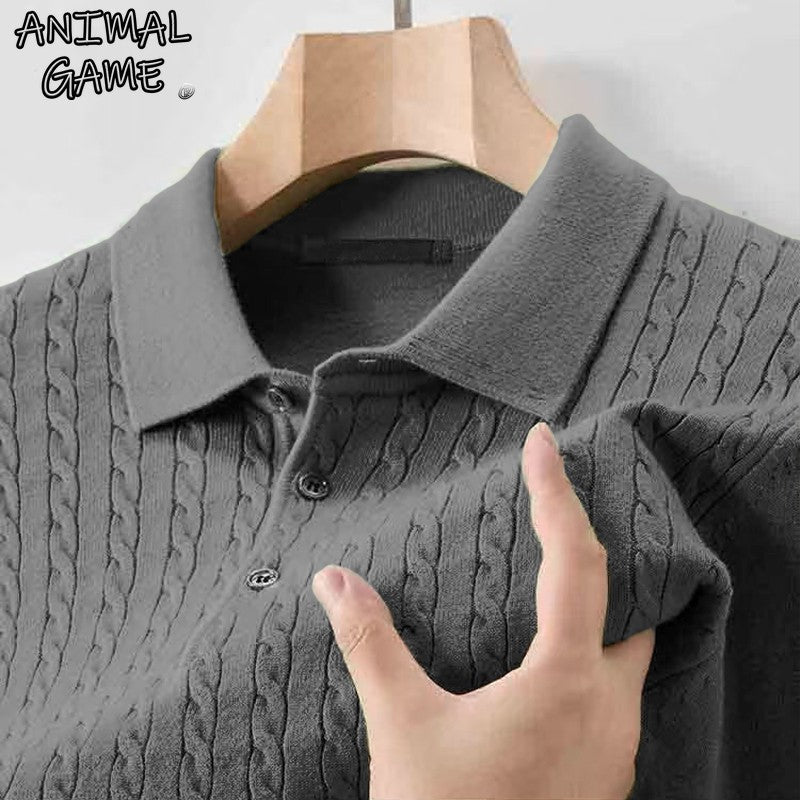 Animal Game Autumn Mens Casual Polo Sweater V Neck Lapel Knit Button Shirts Ribbed Dress Pullover Sweaters Outerwear Cold Blouse