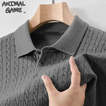Animal Game Autumn Mens Casual Polo Sweater V Neck Lapel Knit Button Shirts Ribbed Dress Pullover Sweaters Outerwear Cold Blouse
