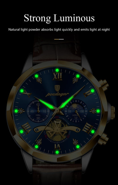POEDAGAR Relógio de Pulso Militar de Luxo Masculino Quartzo Impermeável Luminoso Cronógrafo Couro Masculino Relógio Esportivo Masculino Relógio Masculino