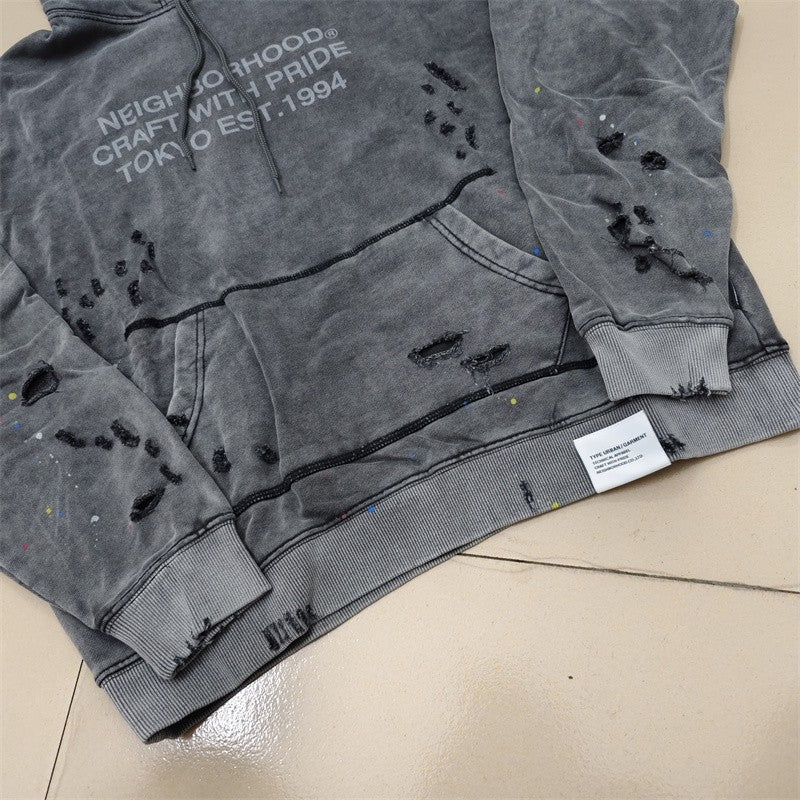 2025 Calças de Moletom NBHD Soltas Unissex de Alta Qualidade com Lavagem Pesada Retrô e Tinta Espirrada Calças de Pista Moletom Neighborhood