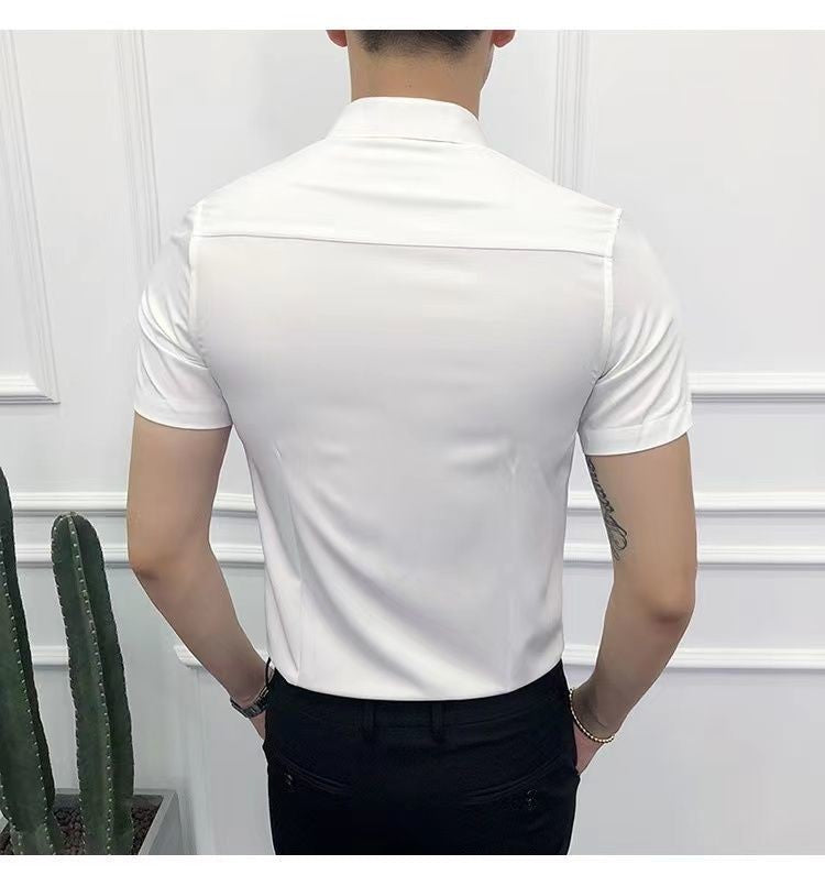 Korean Fashion Trend Casual Elastic Design Sense Short Sleeve Shirt Men's Solid Lapel Collar Button Breathable Simple Slim Tops