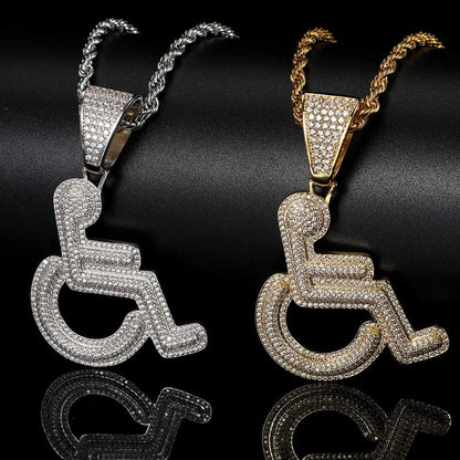 Iced out Copper Zircon Charm Pendant Men Women Hip Hop Jewelry Wheelchair Logo Personality Pendant Necklace Bling