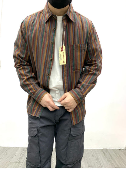 Amikaki Ethnic Style Men's Pure Cotton Colorful Stripes Shirt Loose Ancient Cargo Long Sleeved Shirt Jacket With Chest Pocket