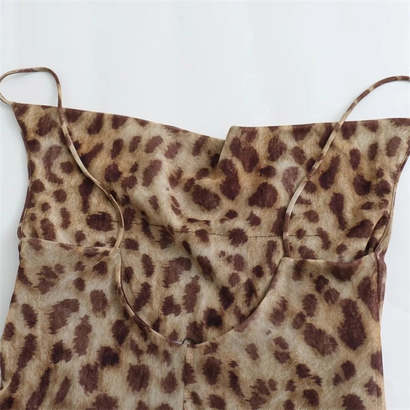 MUJER Leopard Print Tulle Slip Dress Woman Backless Summer Long Dresses For Wome