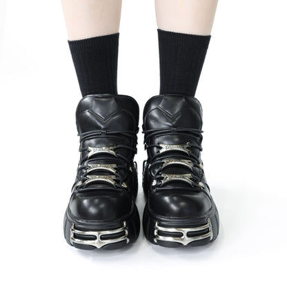 2025 New Brand Punk Style Women Shoes Lace-up heel height 6CM Platform Shoes Woman Rock Boots Metal Decor Woman Sneakers