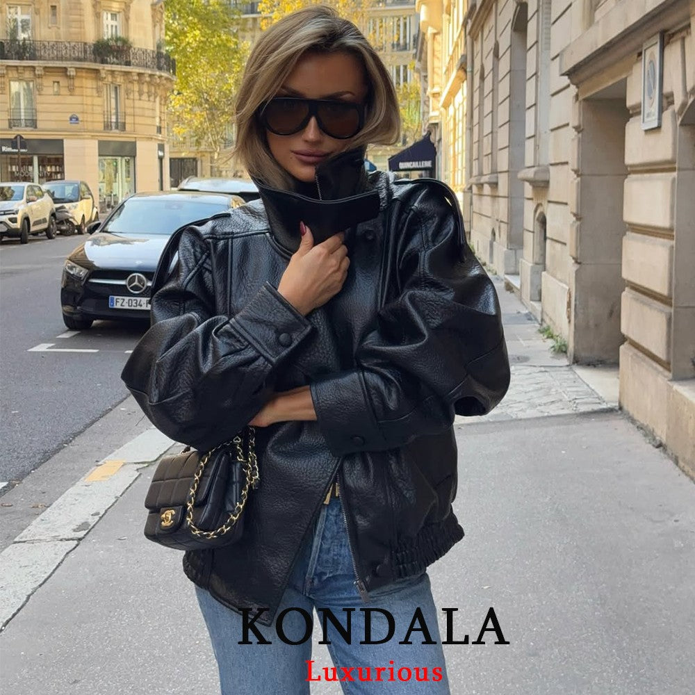 KONDALA Casual Chic Black Leather Jackets Women Long Sleeve Buttons Elastic Oversized Coats Fashion 2025 Fall Streetwear Coats