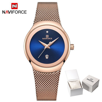 NAVIFORCE Luxury Green Analog Date Quartz Fashion Ladies Watches Mesh Steel Strap Waterproof Business Women Wristwatch Clocks