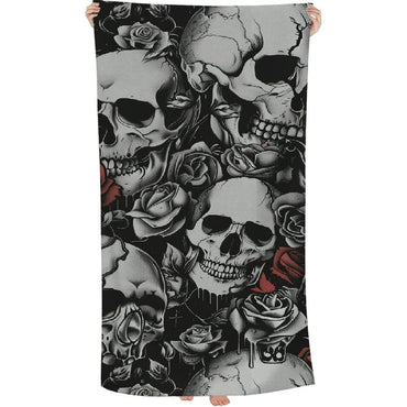 Gothic Skulls and Roses Bath Towel - Soft Absorbent, Perfect for Adults | Intricate Black and White Skeleton with Rose Design