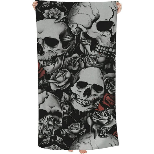 Gothic Skulls and Roses Bath Towel - Soft Absorbent, Perfect for Adults | Intricate Black and White Skeleton with Rose Design