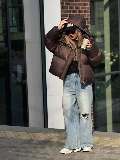 Women Brown Hooded Cotton Coat Fashion Lapel Full Sleeve Zipper Button Warm Loose Short Coats Lady Winter Casual Street Outwear