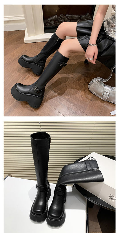 2024 Women's Shoes Basic Women's Boots Classics Knee-High Boots Women Belt Buckle Side Zip Round Toe Wedge Platform Shoes Ladies