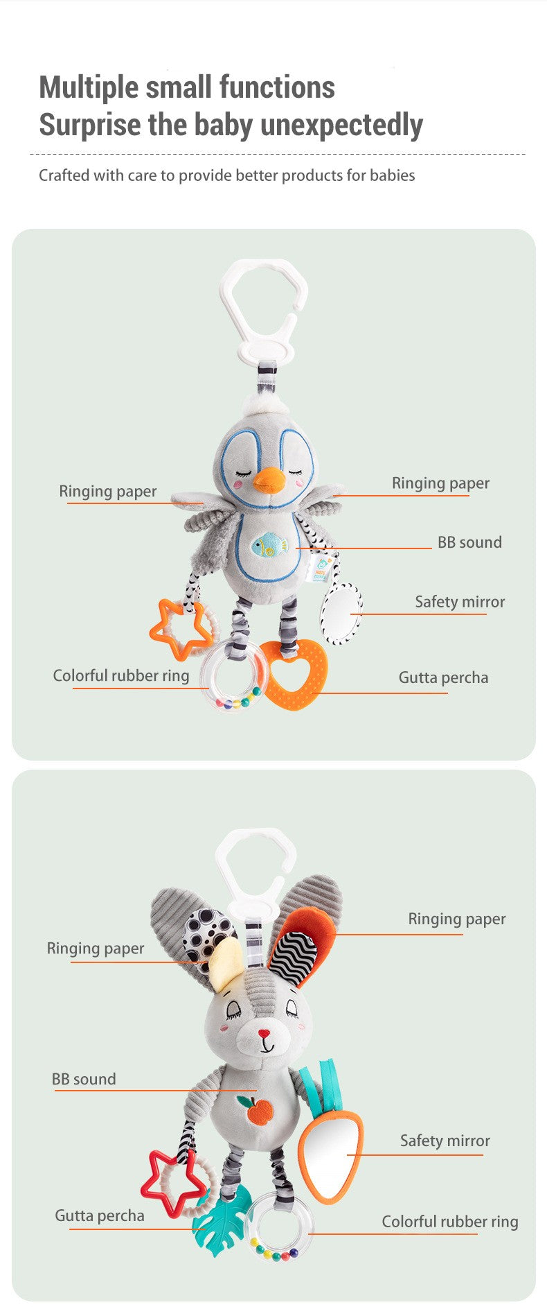 Chocalhos de Bebê Móbiles Desenho Animado Sino Animal Brinquedo Crianças Educação Precoce Desenvolvimento Sensorial Aperto de Mão Coelho Pinguim Chocalhos Brinquedos Presente