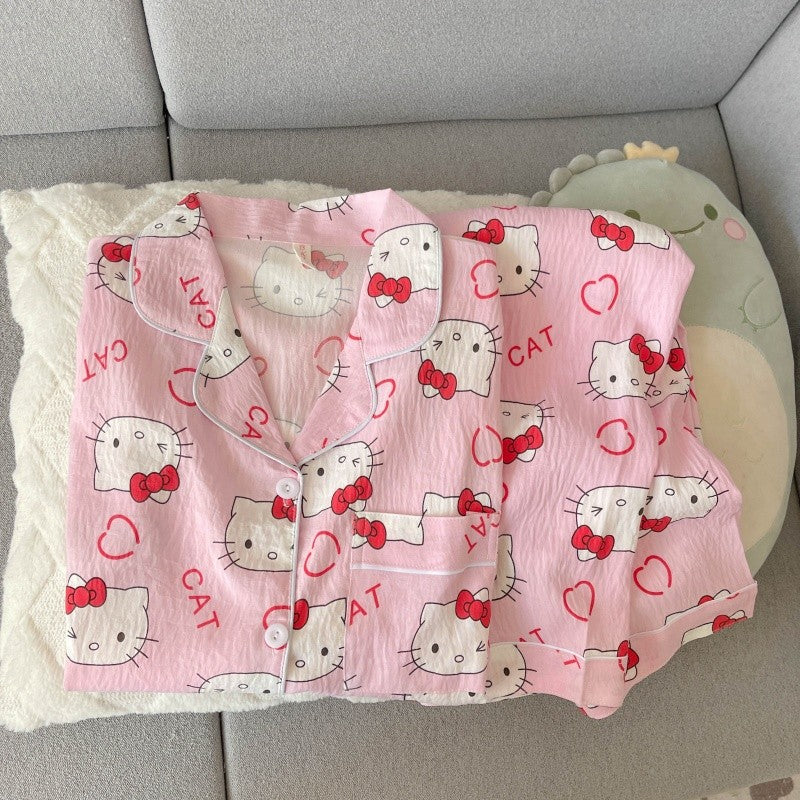 Cartoon Hello Kitty Pajamas Set Women's Autumn Winter Long Sleeve Loungewear Pink Cute Sleepwear Kawaii Soft Homewear Outfit