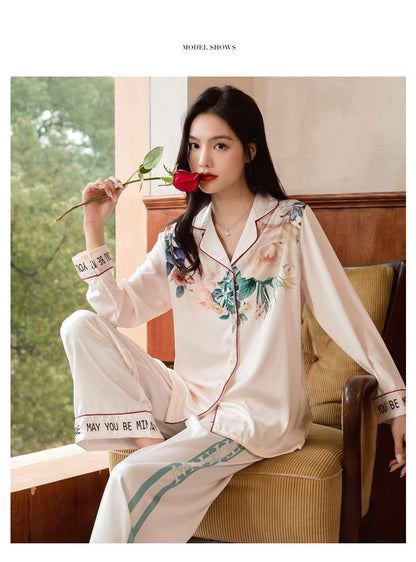 Lightweight Long-Sleeve Silk Pajamas Set for Young Girls French-Style Casual Homewear Nightwear Women's Comfortable Sleepwear