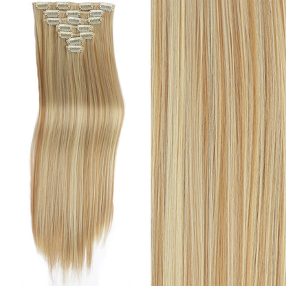7 peças/conjunto de aplique de cabelo com 16 grampos, preto, longo e liso, cabelo natural, aplique de cabelo ombre, fibra resistente ao calor para penteado feminino