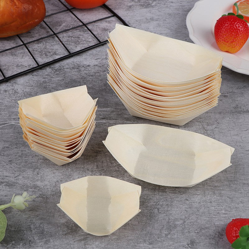 50Pcs Wood Boats Plates Sushi Salad Dessert Bowl Wood Serving Bowl Disposable Sushi Serving Trays Sushi Boat Plates