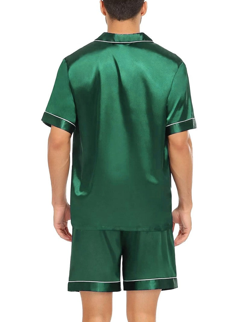 Men's Luxury Satin Pajama Set Short Sleeve Lapel Front Buttons Top And Elastic Shorts Comfortable Fit Loungewear Sleepwear Pjs