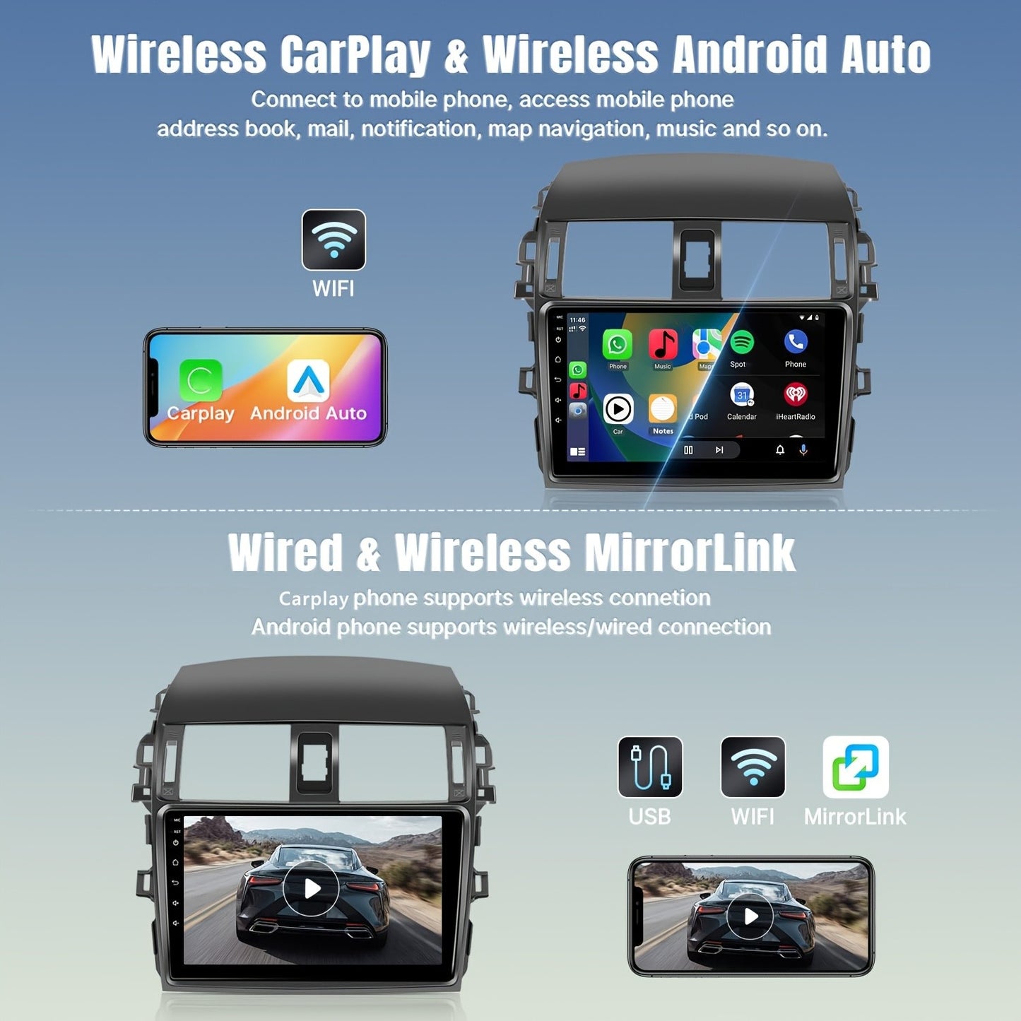 Rádio automotivo sem fio de 9 polegadas para Toyota Corolla 2009 2010 2011 2012 2013, compatível com CarPlay Android Auto, tela de toque 2+32G