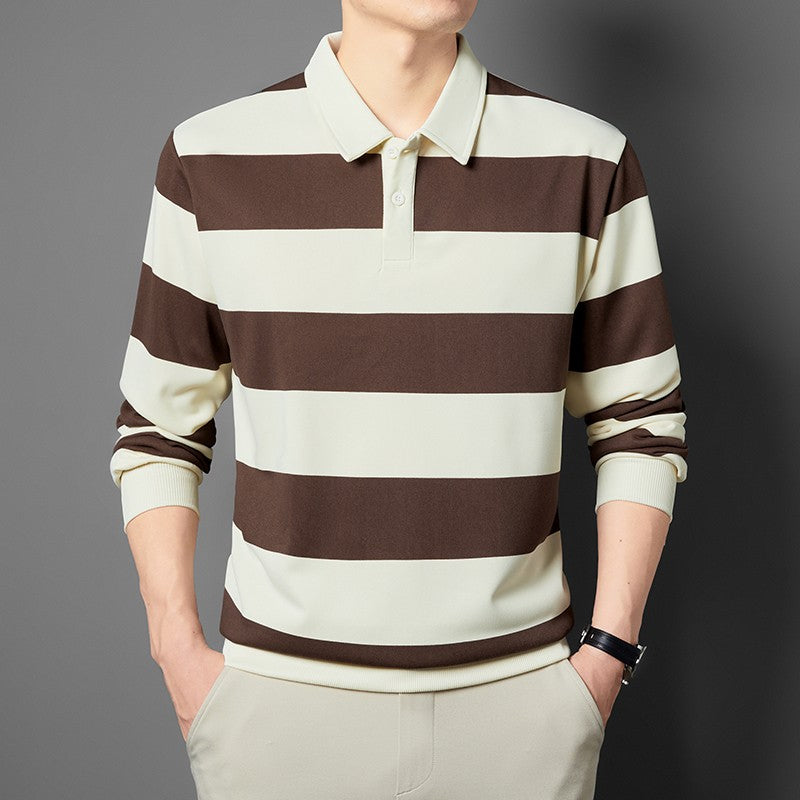 2025 Men's New Striped Long Sleeved Polo Shirt Casual Fashion Autumn Winter Versatile Top