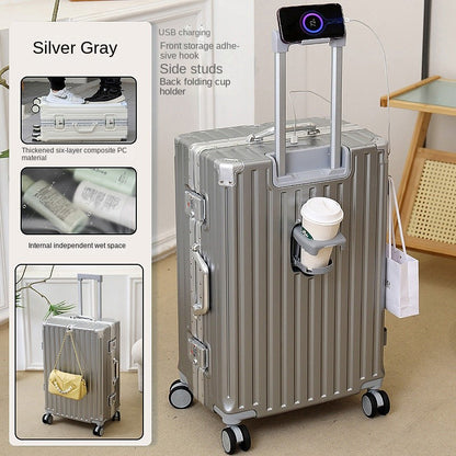 New Suitcase 30 inch Aluminium Frame USB Charging Luggage Carrier 28 inch Boardable 20 inch Travel Suitcase with Cup Holder