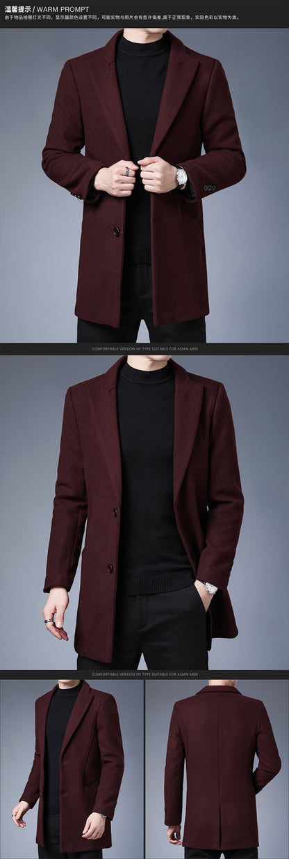 Men's Wool Blend Overcoat - Mid-Length Business Trench Coat with Notch Lapel (Tailored Contemporary Fit)