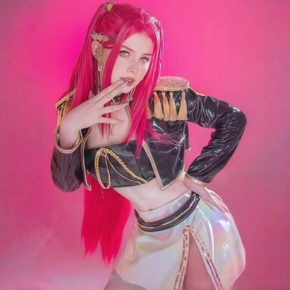 Peruca rabo de cavalo vermelha rosada com franja, cabelo longo e liso, peruca sintética rosa e vermelha estilo anime com rabo de cavalo duplo, adequada para o Halloween