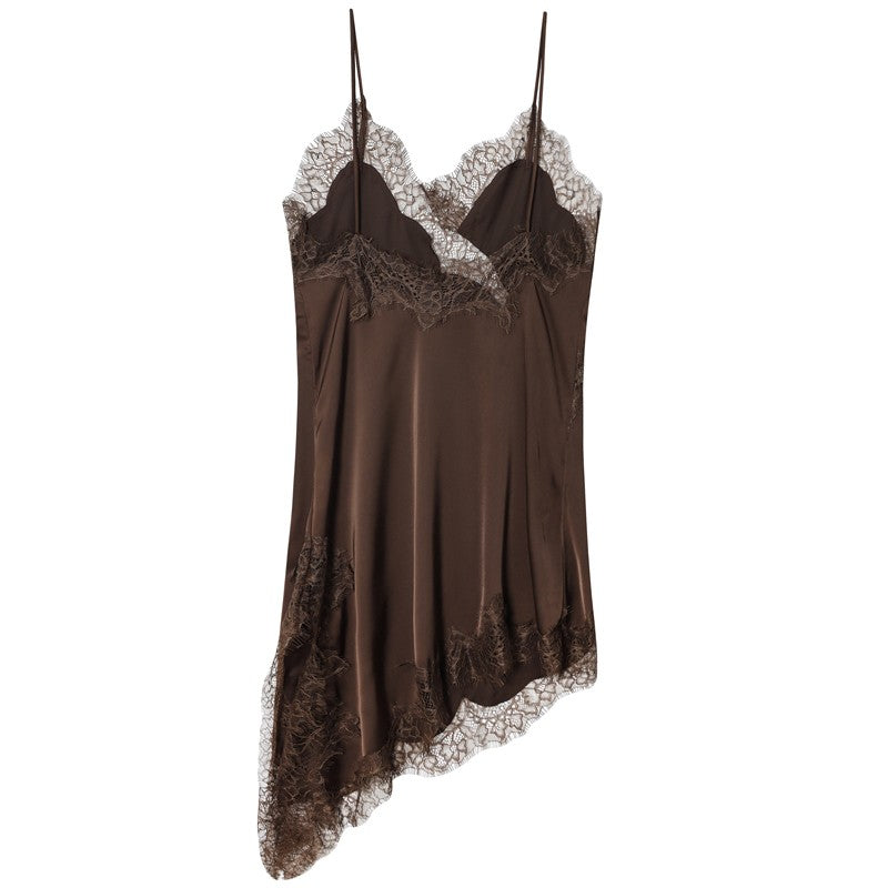 HXAO Womens Dresses Lace Asymmetric Slip Dress Summer 2025 Sexy Evening Dresses Ladies Mini Brown Sleeveless Backless Vestidos