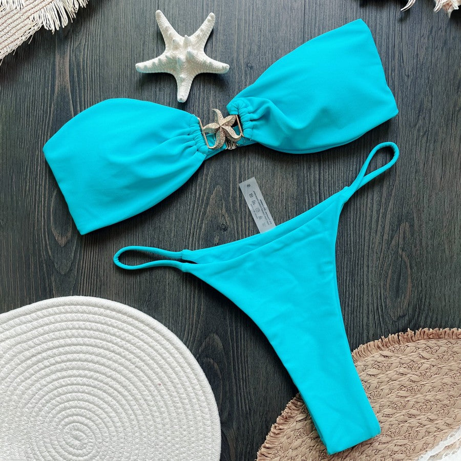 Para Praia 2025 Sexy Push Up Bikini Women Swimwear Metal Starfish Bandeau Thong Bikini Brazilian Swimsuit Female Bathing Suit