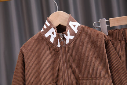 Baby boy clothes corduroy zipper long sleeved casual sports two-piece set for 0-5 year old fashionable girls with top and pants