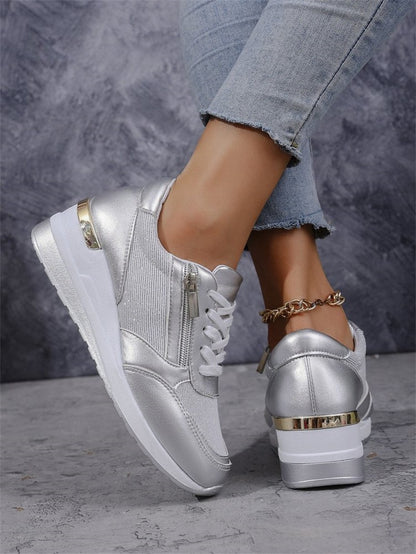 Fashion Thick Bottom Silver Sneakers Women 2025 Spring Wedge Heel Vulcanized Shoes Woman Comfortable Lace Up Sport Sneaker Mujer