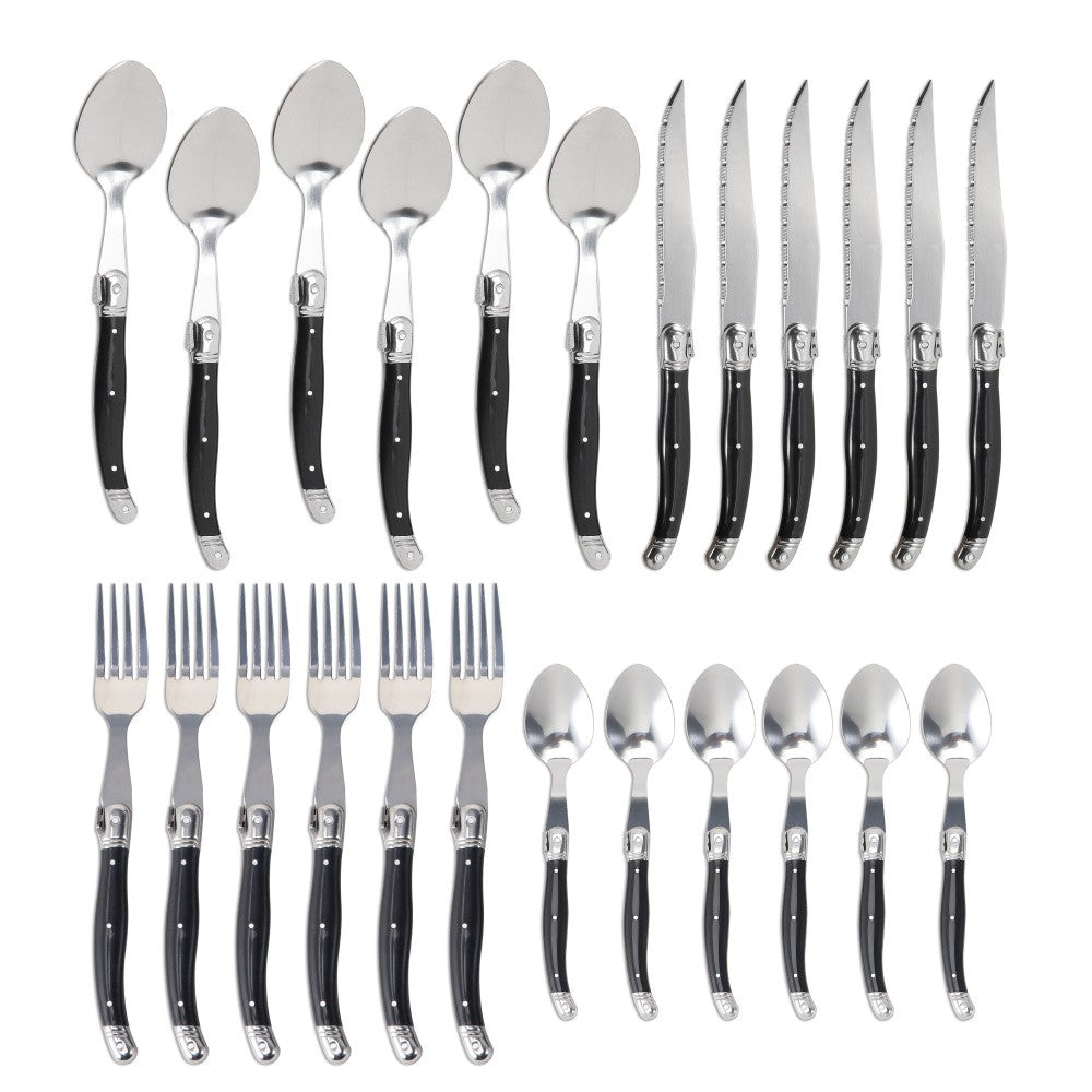 Jaswehome 24 peças Talheres Laguiole com Cabo Preto Conjunto de Facas de Bife Elegante Kit de Talheres Profissional