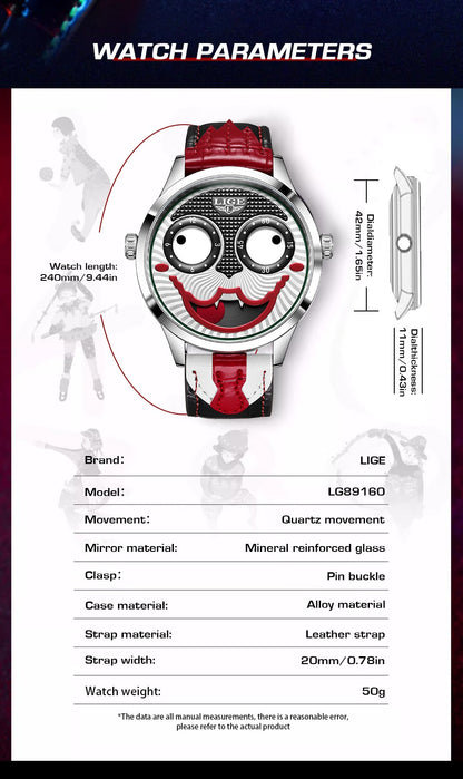 LIGE 2025 Creative Watches For Men Clown Fashion Quartz Wristwatches Waterproof Leather Strap Mens Watch Cool Joker Reloj Hombre